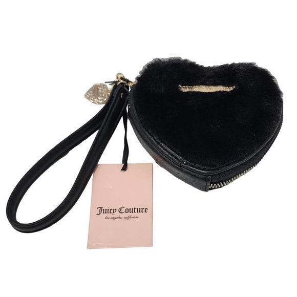 Juicy Couture Handbags - NWT Juicy Couture Fluffy Black Licorice Zip Around Heart Shaped Wristlet Wallet